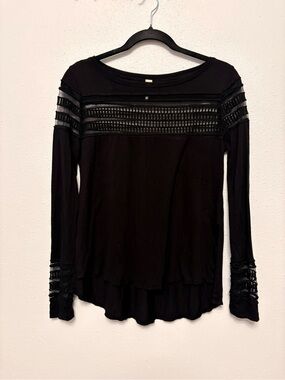 Free People Black Long Sleeve Lace-Trim Top with Cutouts
